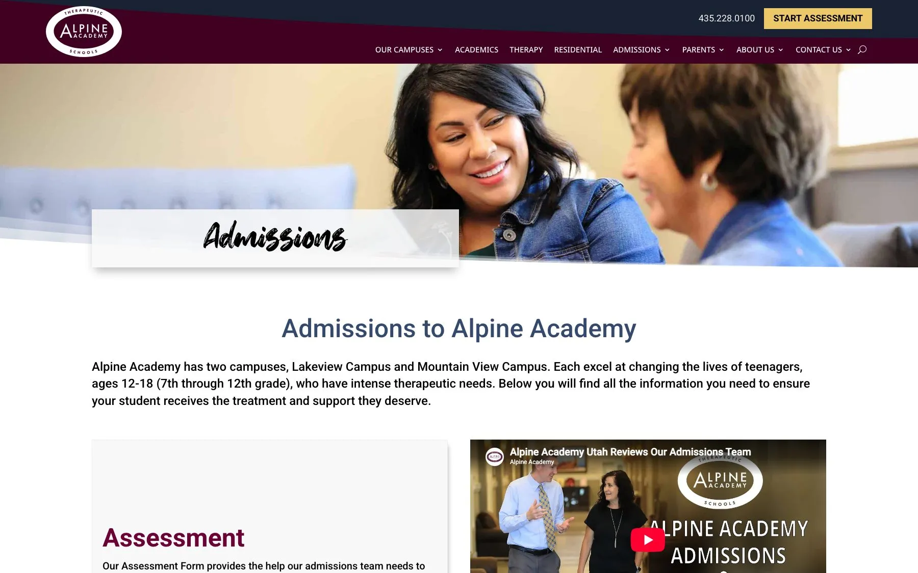The admissions page walks parents through the assessment process, with the start assessment call to action always within reach.