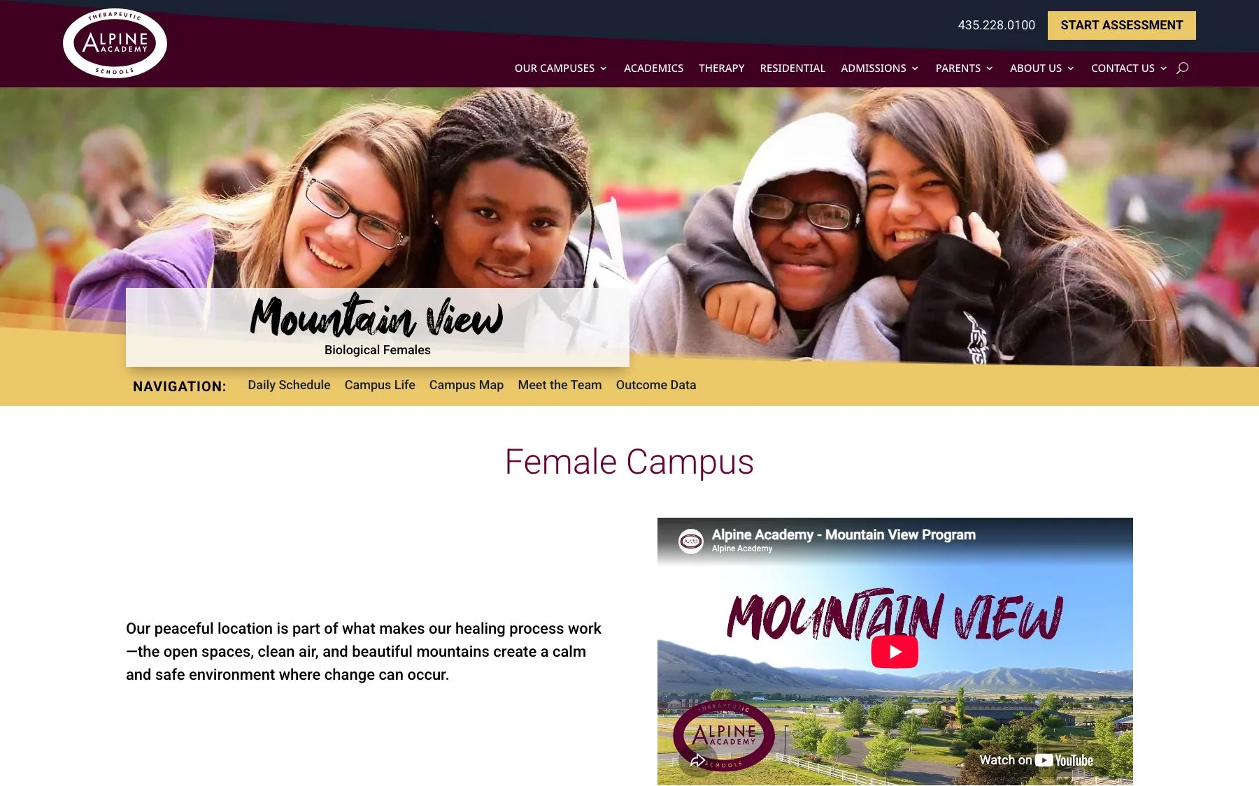 The Mountain View campus page serves the female program, with its own schedule, campus life, and team navigation.
