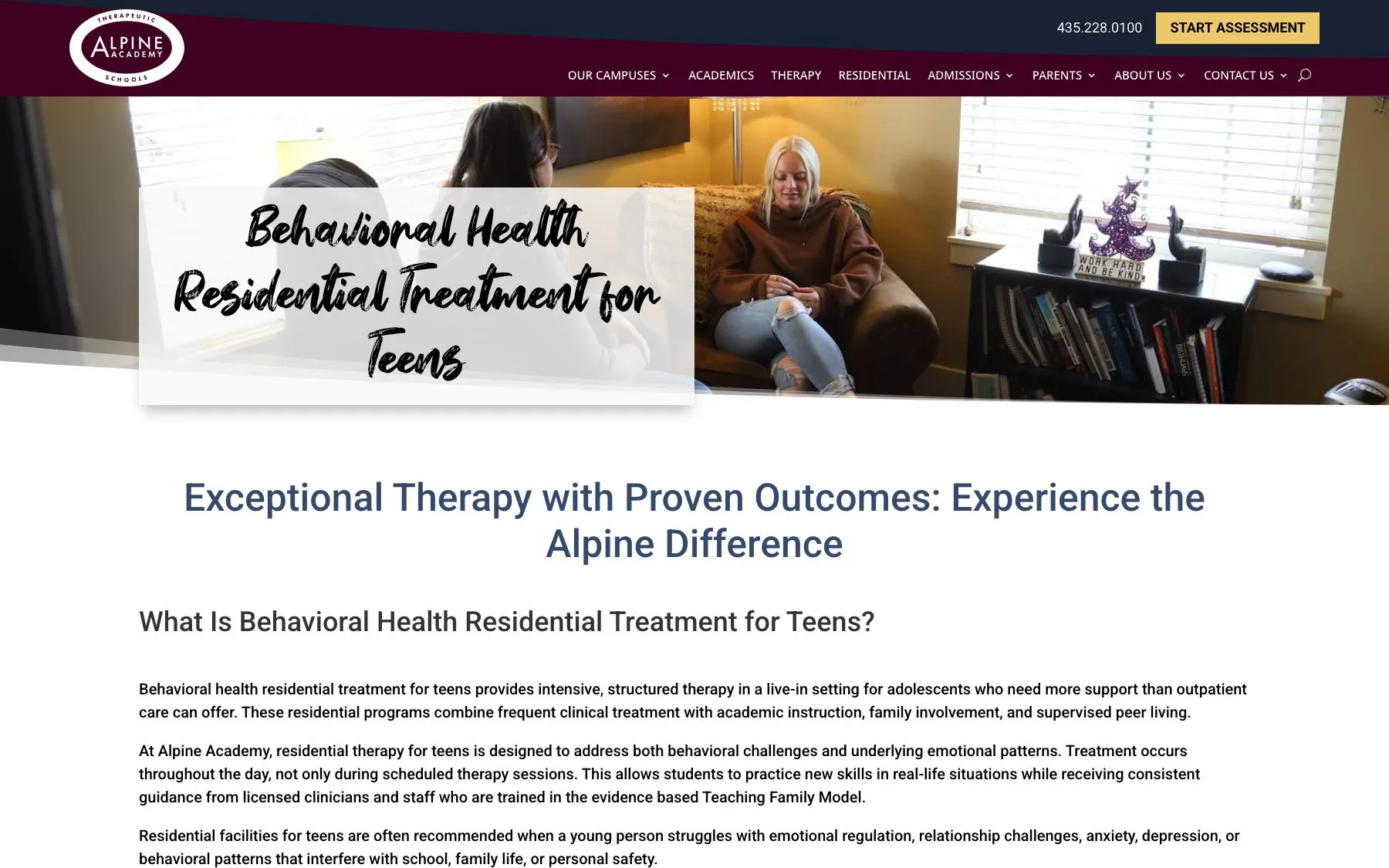 The therapy page explains residential treatment in plain language for parents comparing programs.