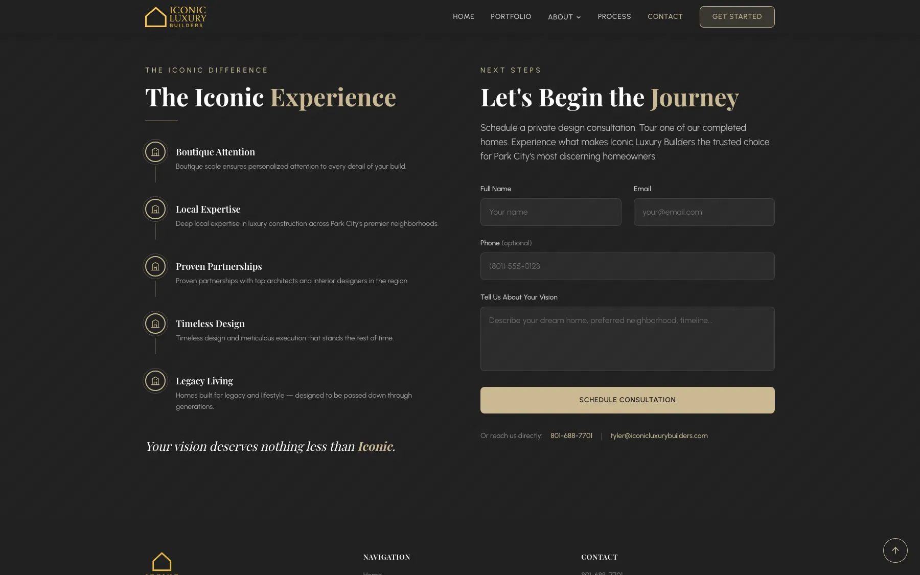 The consultation page pairs the Iconic difference with a form that starts the design conversation.