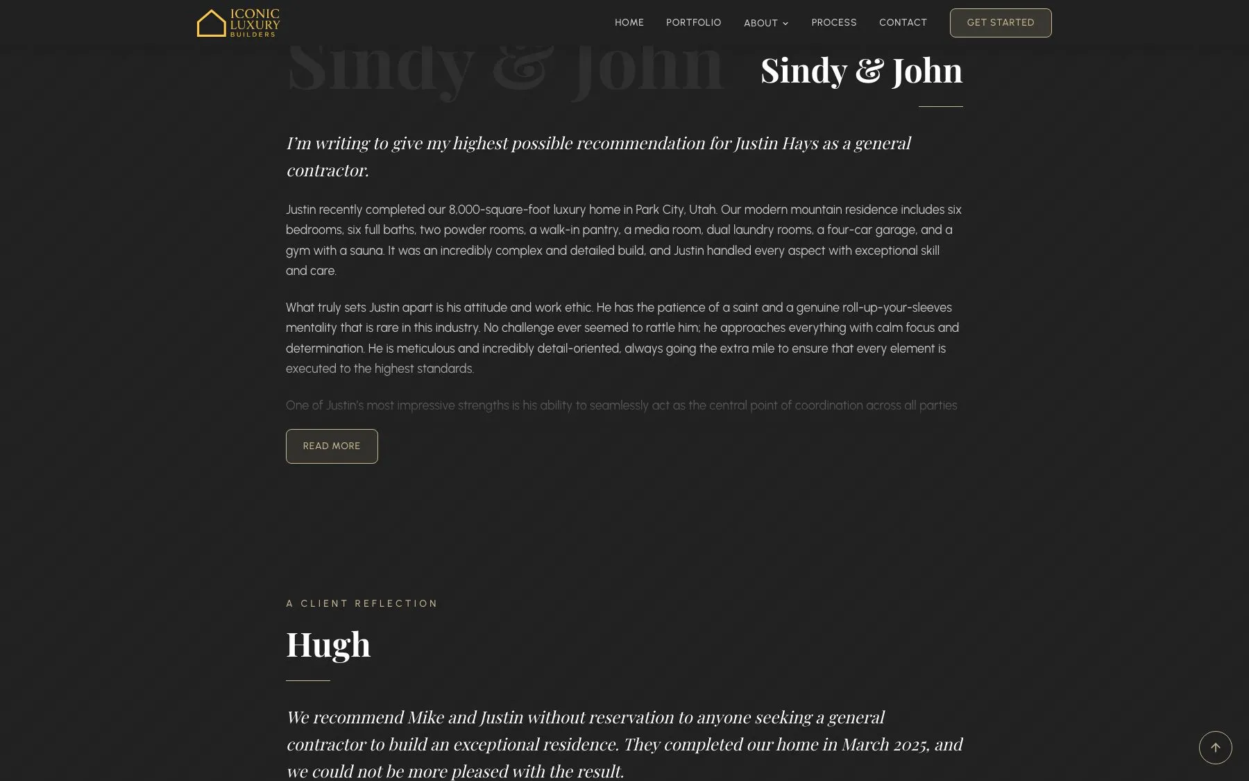Client testimonials run long-form, reading like reference letters rather than one-line blurbs.