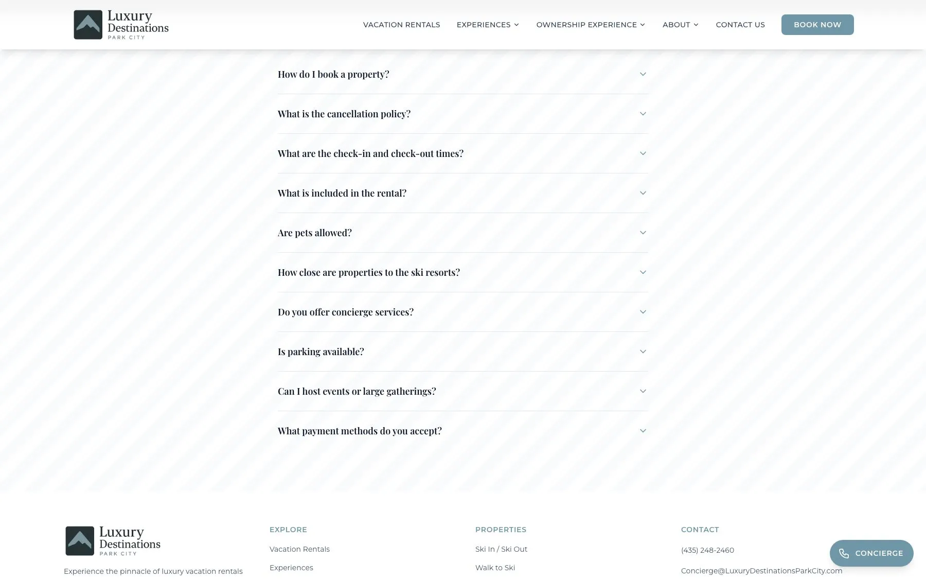 A booking FAQ answers the practical questions, from cancellation policy to ski resort distance.