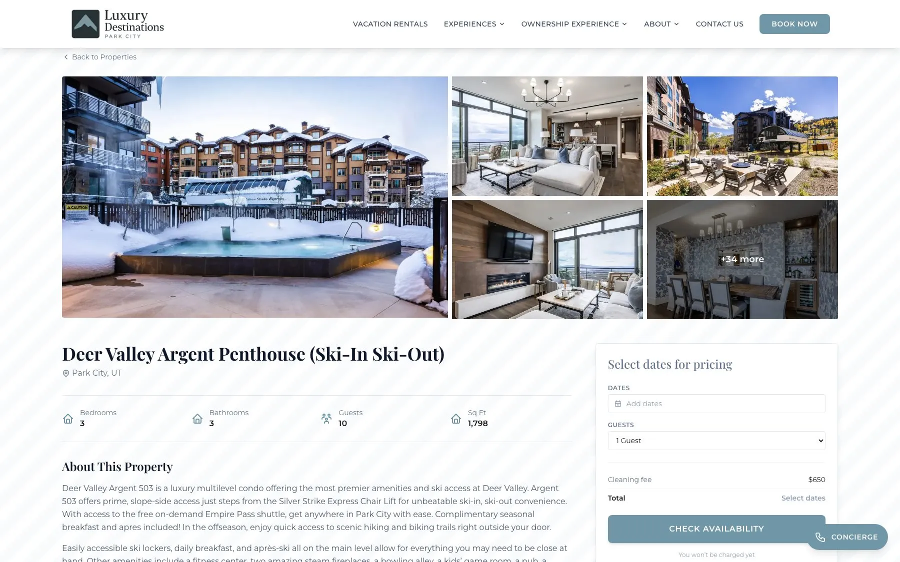 Each property page pairs the full photo gallery with an availability and pricing sidebar, so guests can check dates without leaving the story.