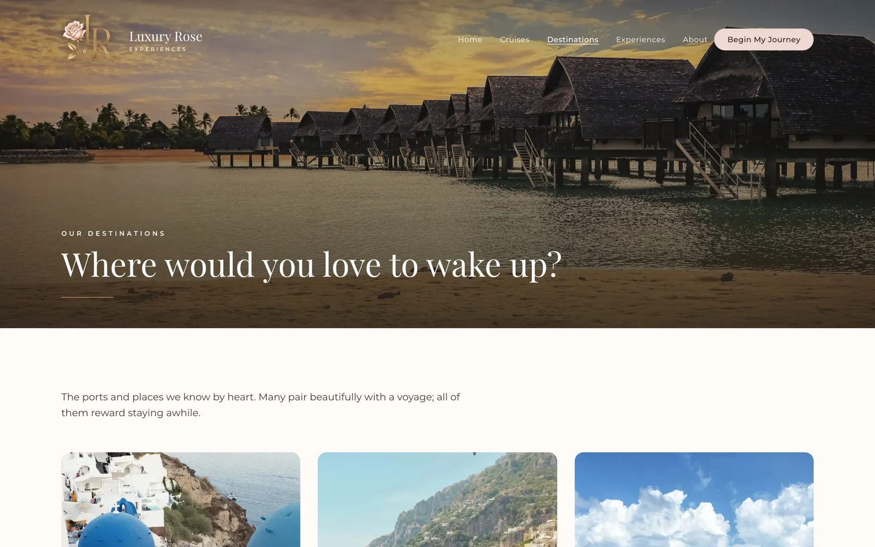 Six destination guides, from Santorini to Kyoto, written in the brand's warm editorial voice.
