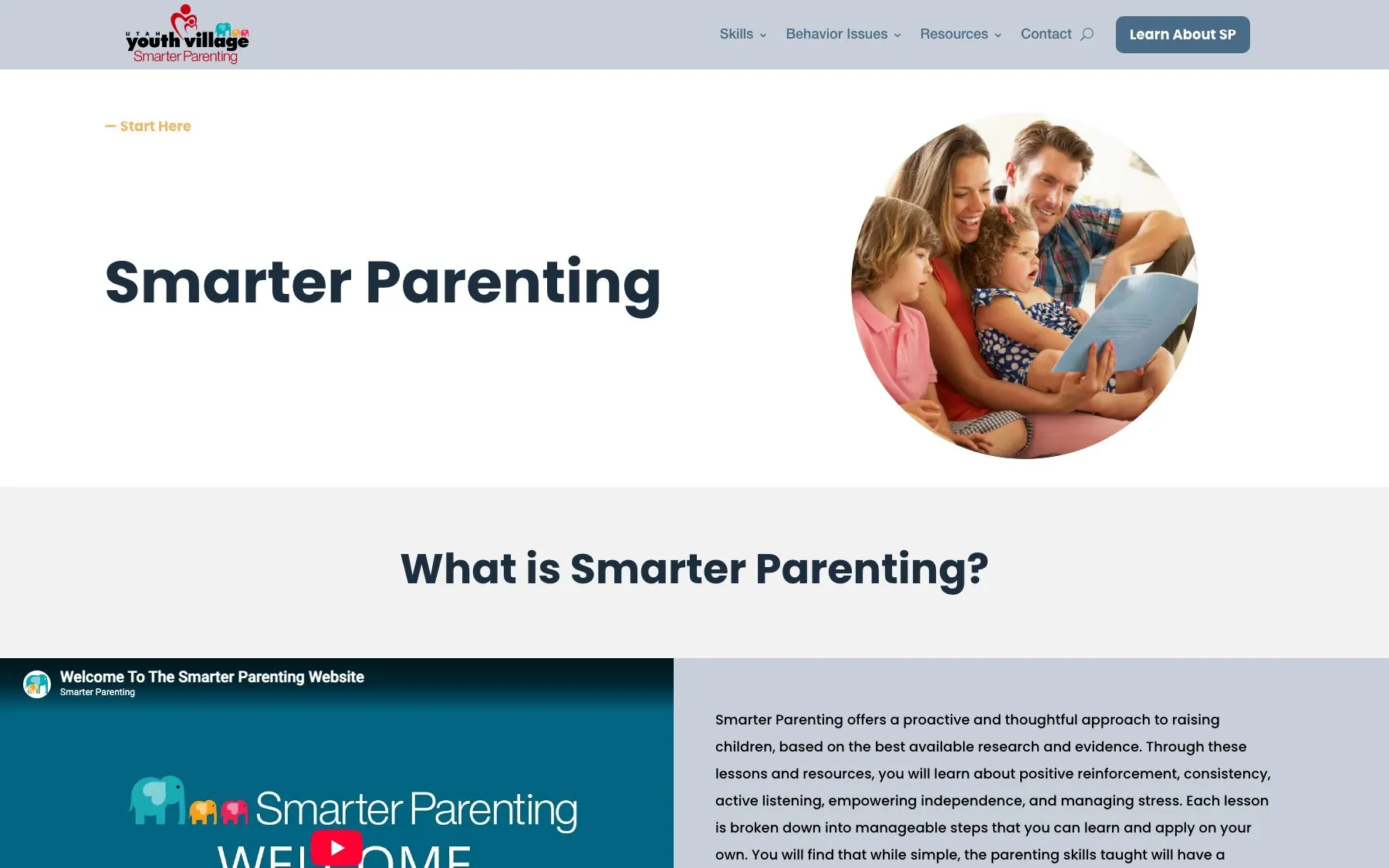 The Start Here page orients new parents and explains the evidence behind the Teaching Family Model lessons.