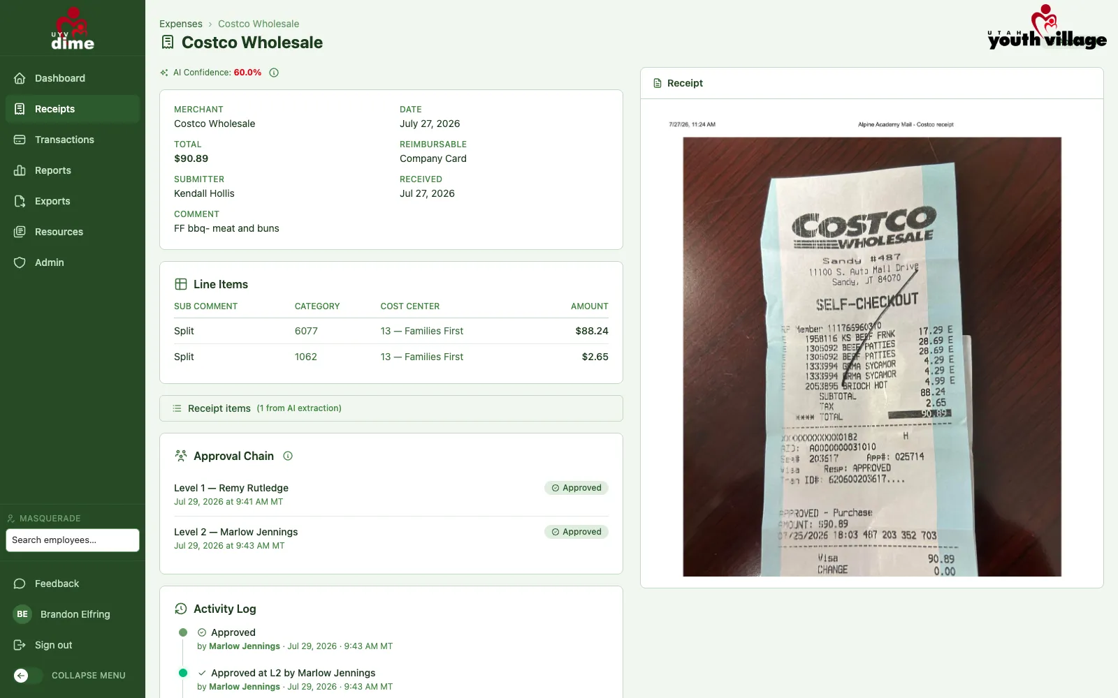 Every receipt is read by AI: merchant, date, total, and line items are extracted automatically, coded to a GL account and cost center, then walked through a two-step approval chain with a full activity log.