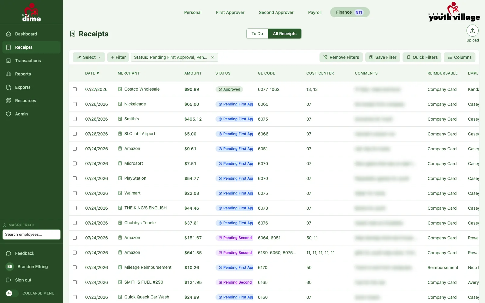 The finance queue tracks every receipt from submission through first approval, second approval, and payment.