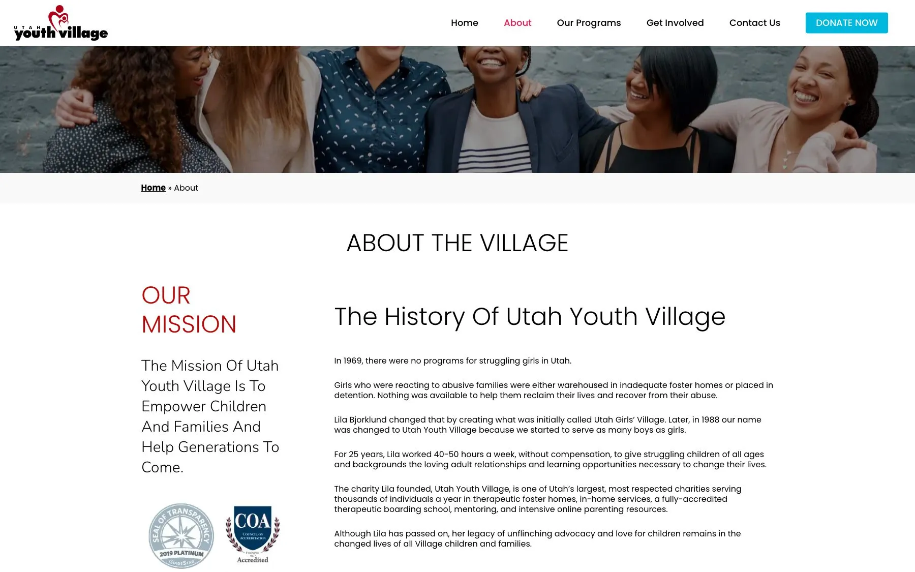 The about page pairs the mission with the founder's story and accreditation trust signals.