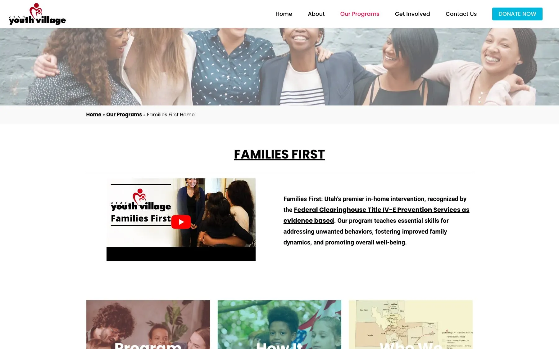 Each division, like Families First, gets a dedicated page with a program video and service area map.