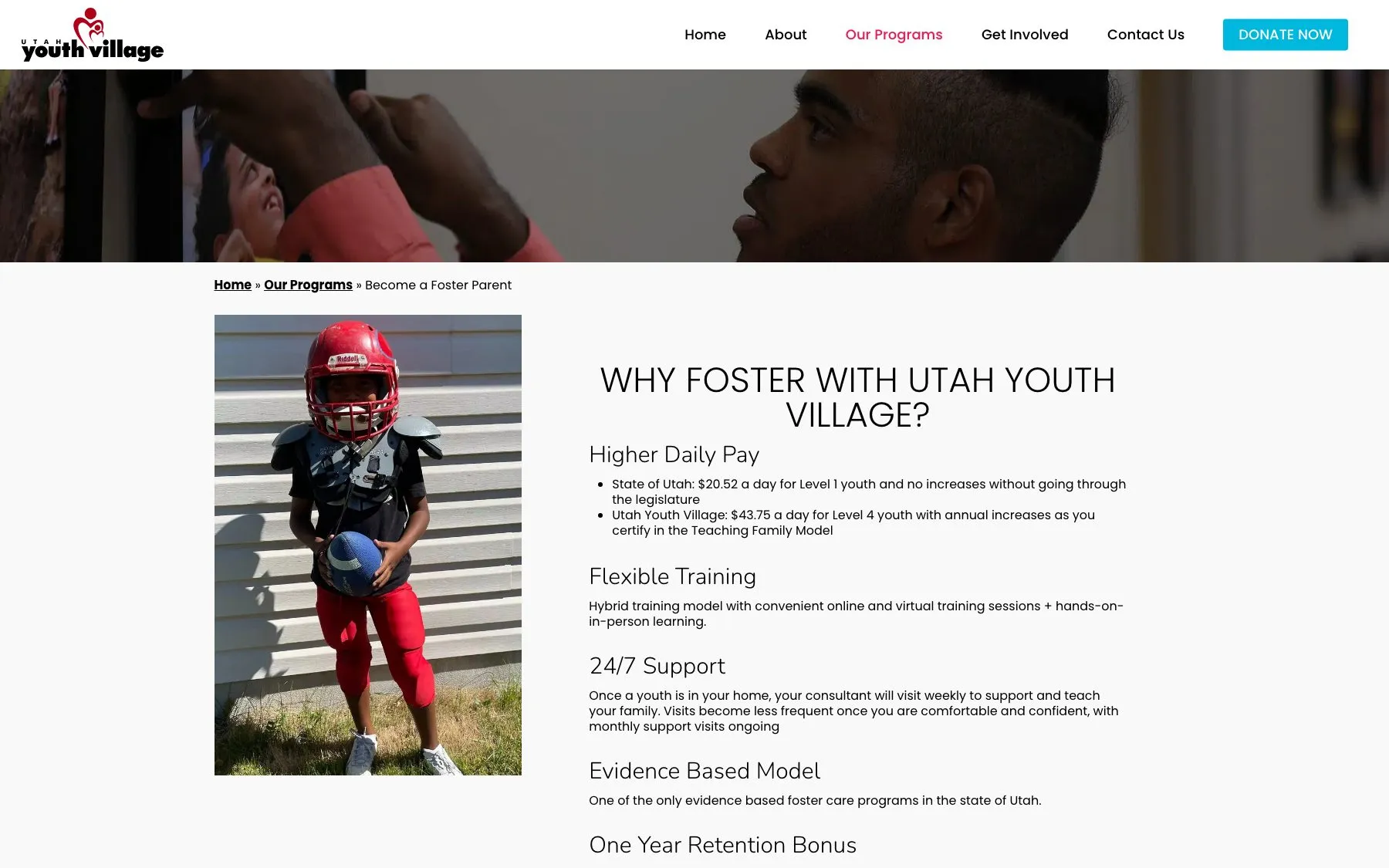 The foster parent funnel leads with the practical case: higher daily pay, flexible training, and around the clock support.