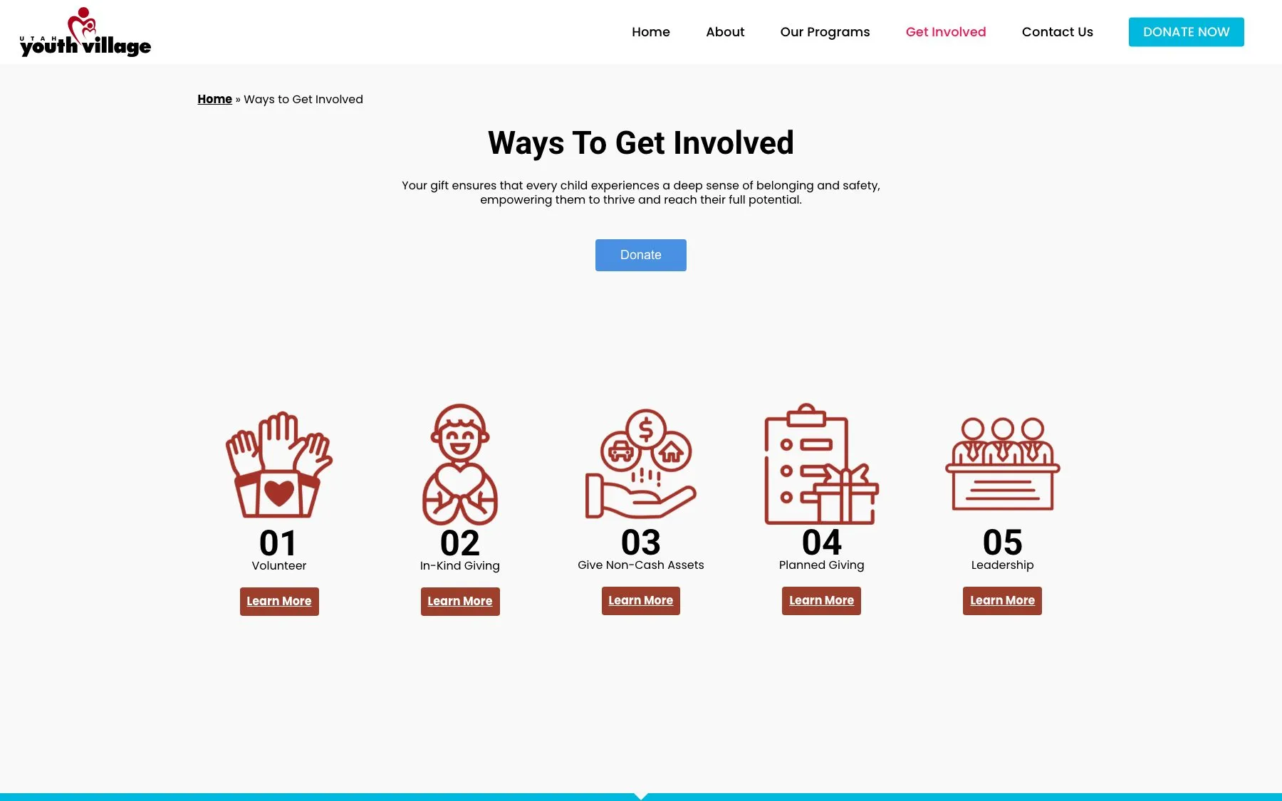 Ways to Get Involved presents five giving paths, from volunteering to planned giving.
