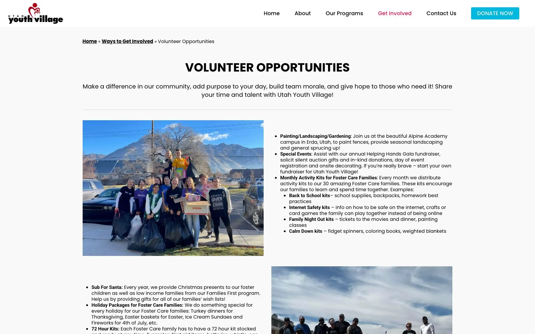 The volunteer page lists concrete opportunities, from campus projects to monthly activity kits for foster families.